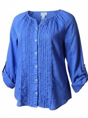 SOFT SURROUNDINGS | Blue Pintuck Button Down Roll Tab‎ Sleeve Linen Top Lace | M